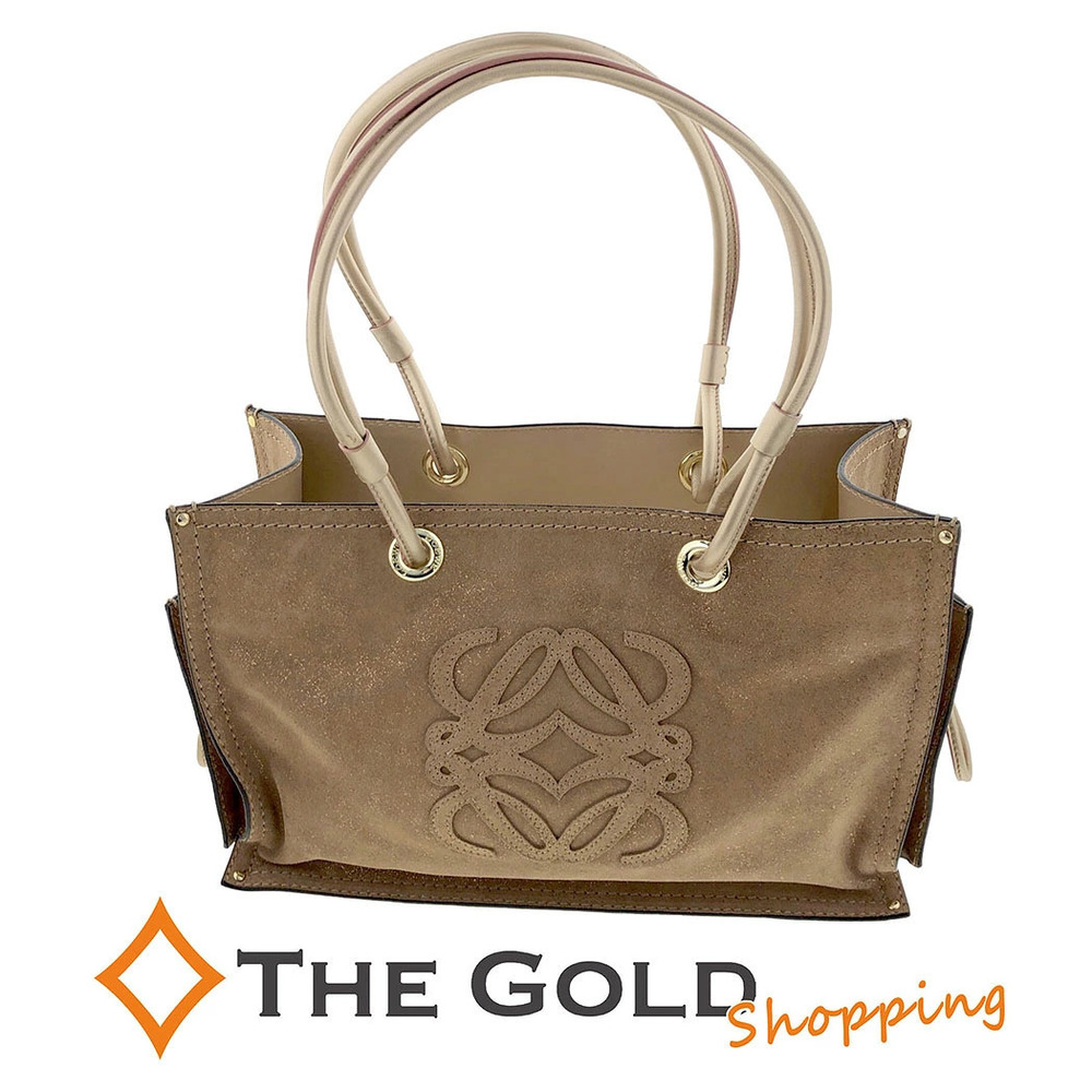 Loewe Shopper Bag Anagram Suede Glitter Tote Bag Beige Gold